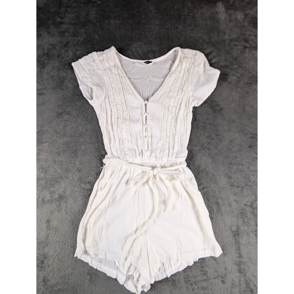 Abercrombie & Fitch White Crinkle Gauze Lace Romper Button Tie Waist Size Medium - Picture 2 of 14